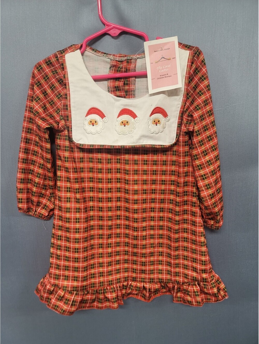 Girls Christmas Plaid Dress Bib Collar With Santa Design